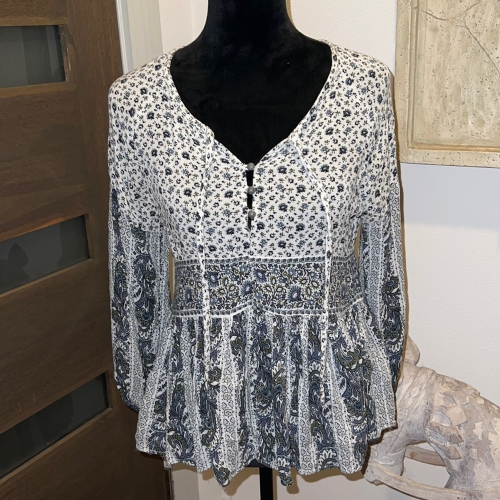 American Eagle boho peasant blouse bubble long sleeves V neck Sz XS
